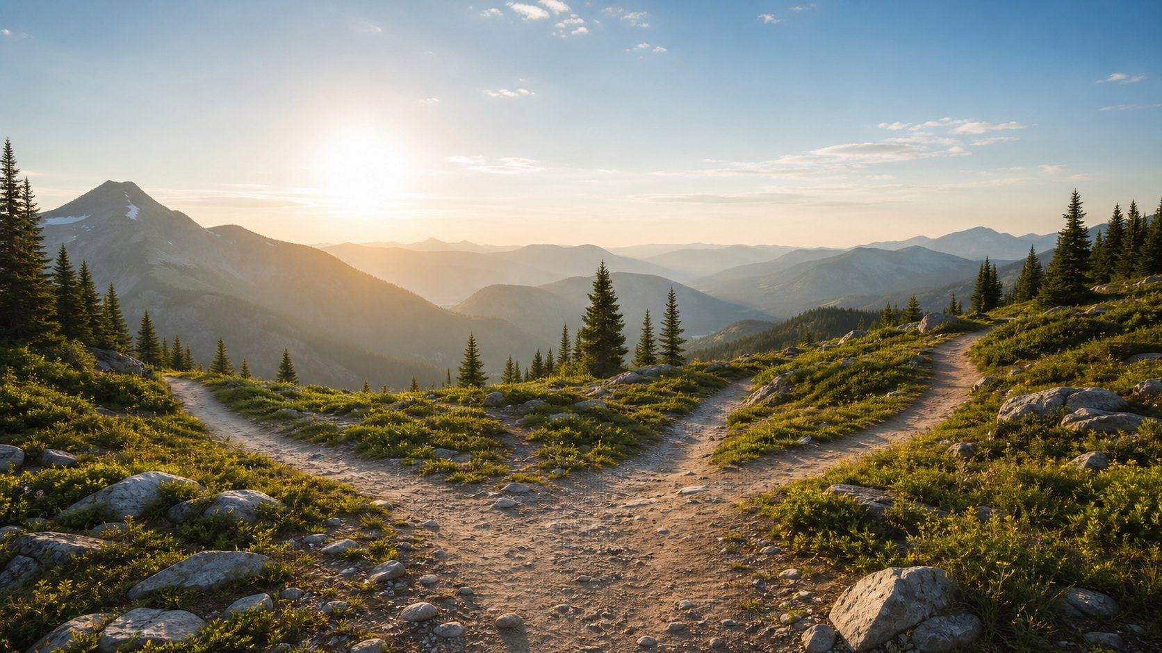 Mountain trail decision point representing addiction treatment levels and choosing the right care fit