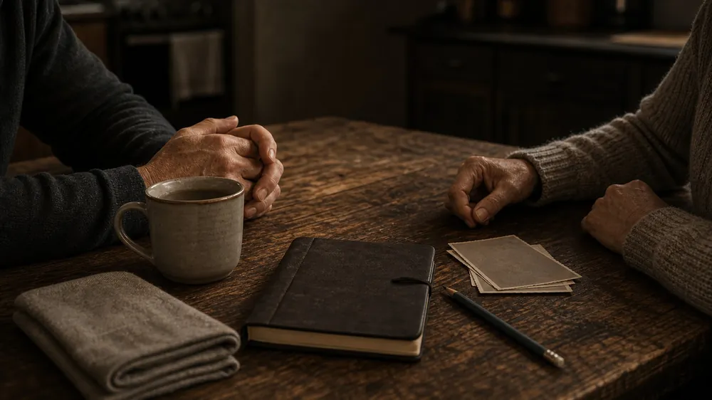 An empty kitchen table set for a hard family conversation about addiction