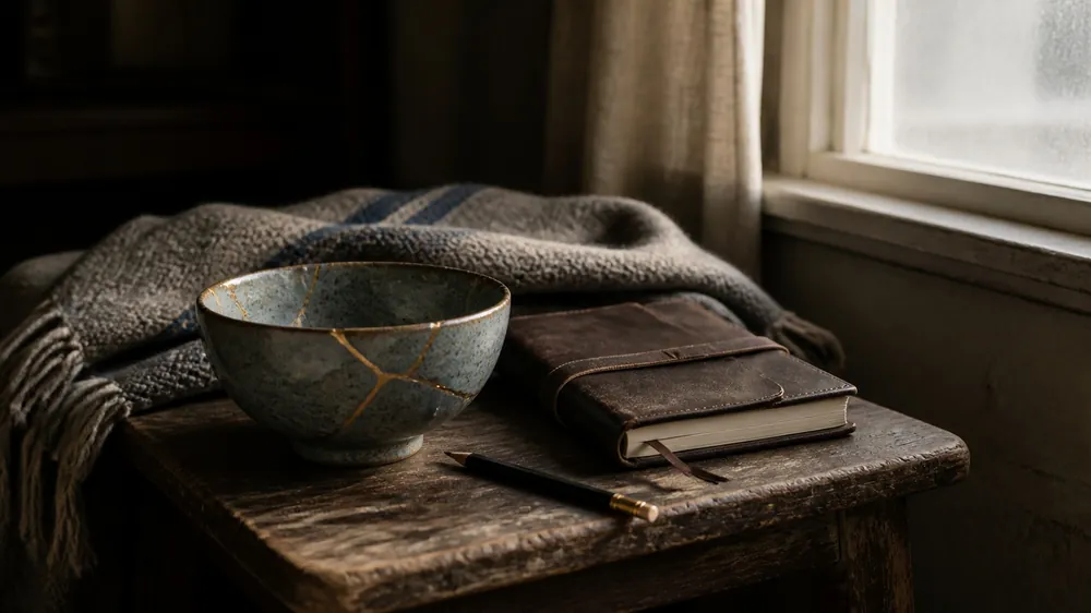 A repaired bowl beside a window in warm light, representing healing after damage